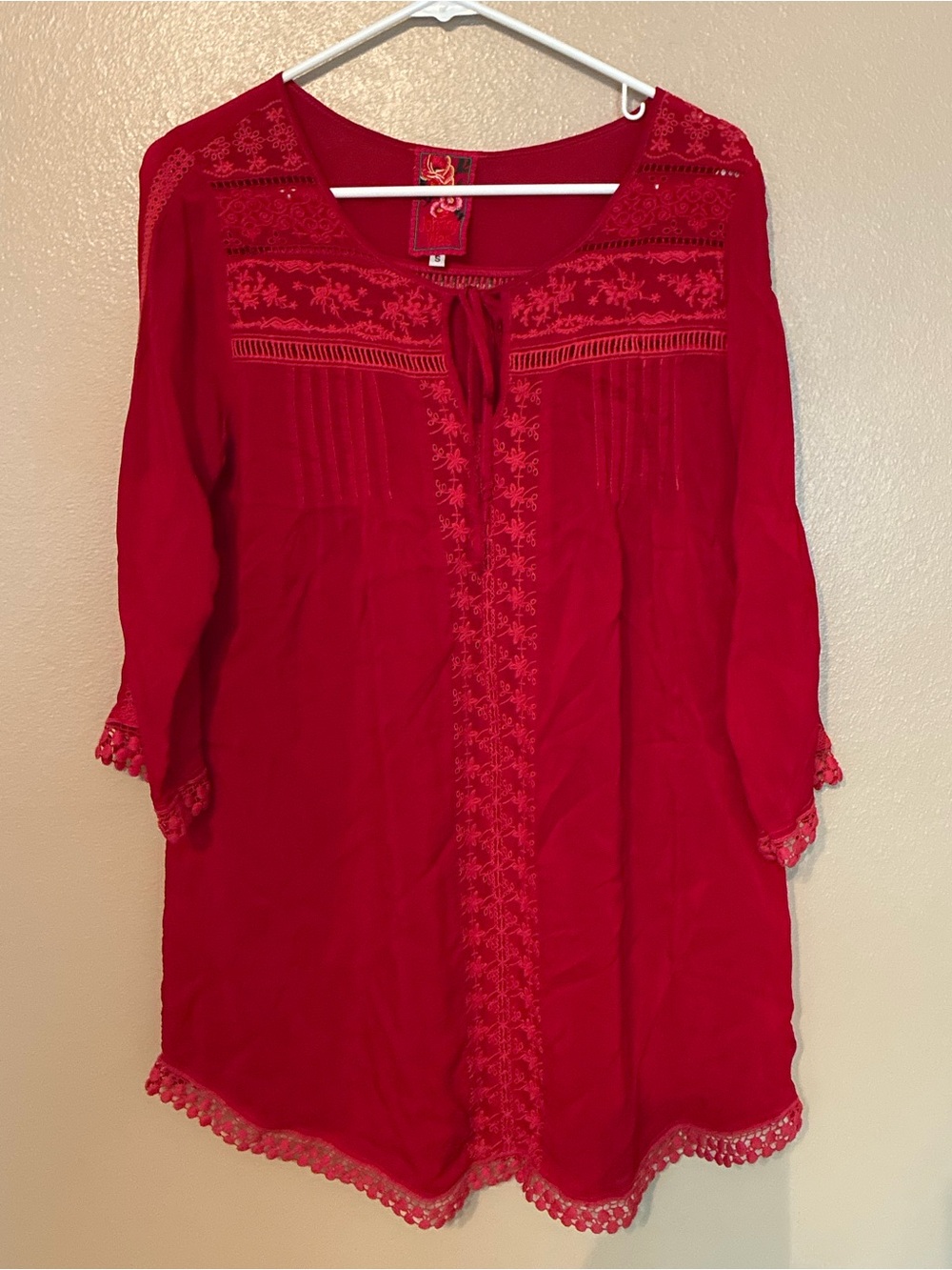 Johnny Was Red Embroidered Tunic Top